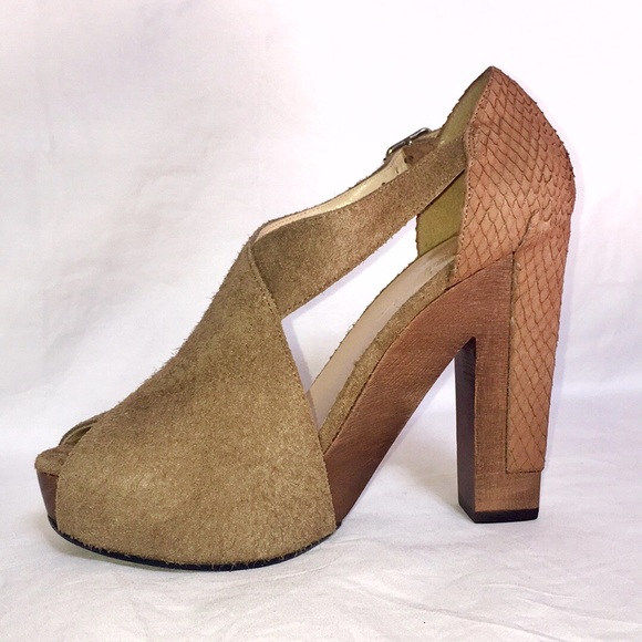 3.1 Phillip Lim X-cellent tan brown suede leather chunky block wood high heel - Picture 3 of 8